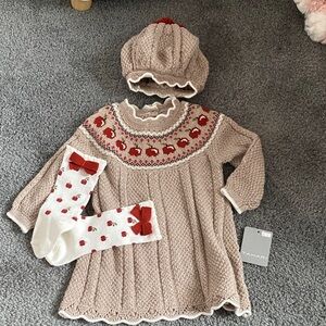 Tahari Beige Knit Baby Dress Set with Red Accents